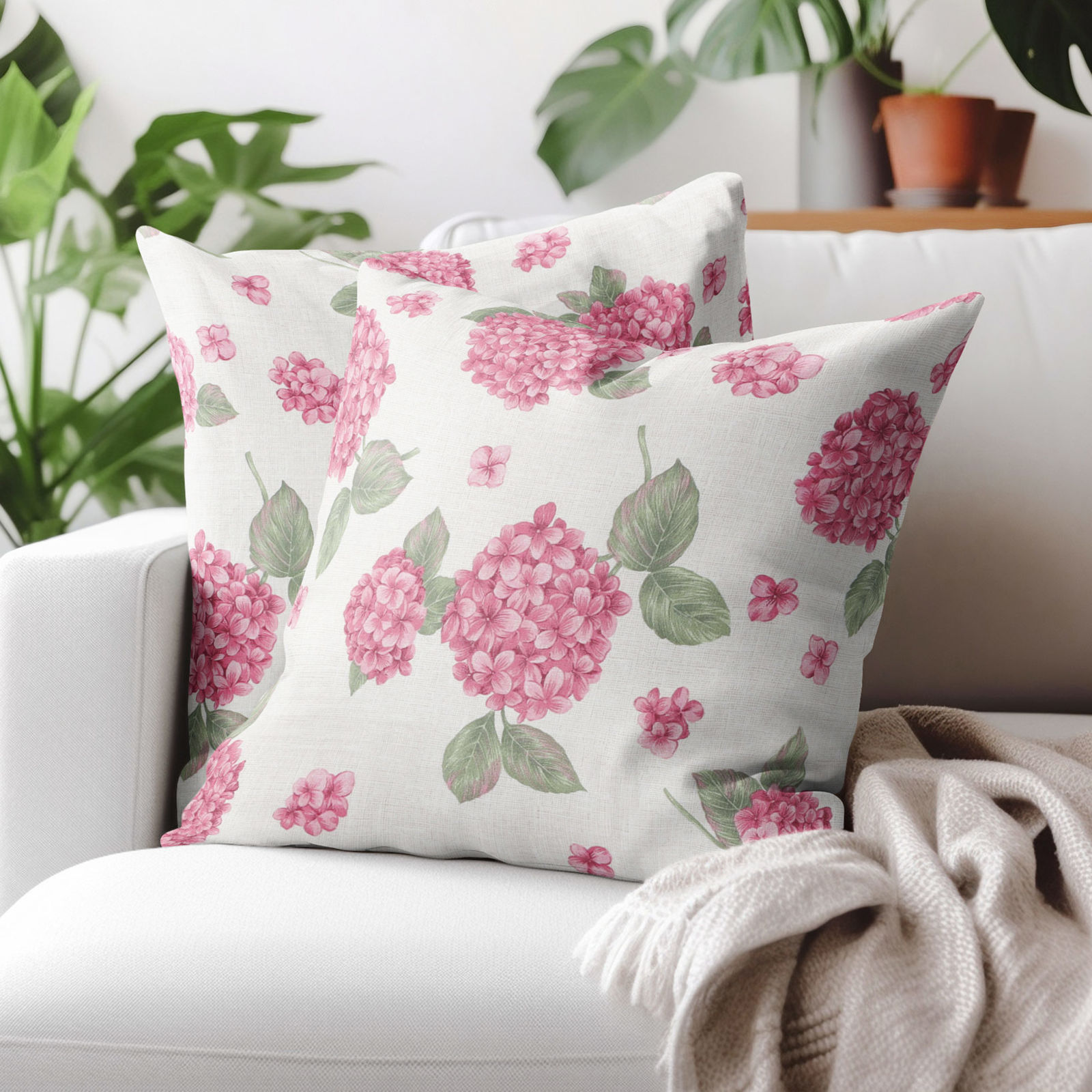 Poszewka na poduszkę dekoracyjna Loneta - różowe kwiaty hortensji