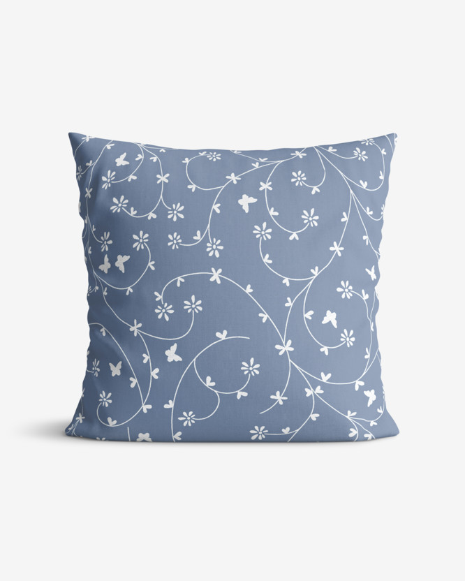 Poszewka na poduszkę bawełniana - kwiatki i motylki na niebiesko-szarym