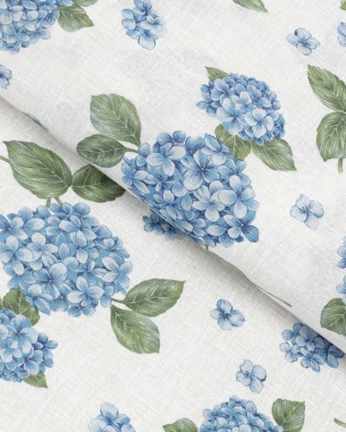 Tkanina dekoracyjna Loneta - niebieskie kwiaty hortensji