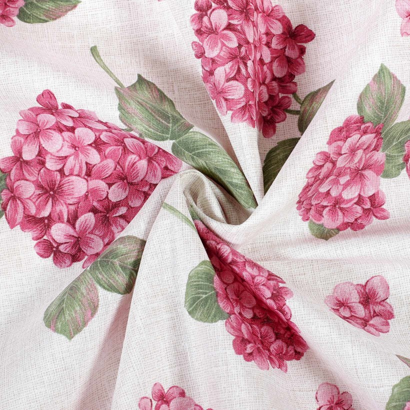 Tkanina dekoracyjna Loneta - różowe kwiaty hortensji