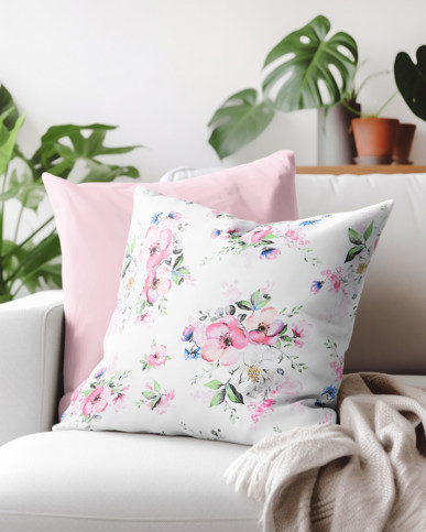 Poszewka na poduszkę bawełniana - różowe sakury z liśćmi