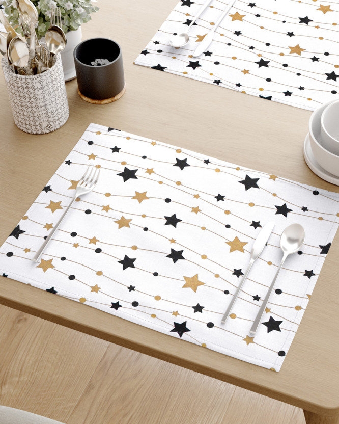 Podkładka na stół z płótna bawełnianego - złote i czarne gwiazdki na białym - 2szt.