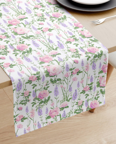 Bieżnik na stół z płótna bawełnianego - dzika róża z lawendą
