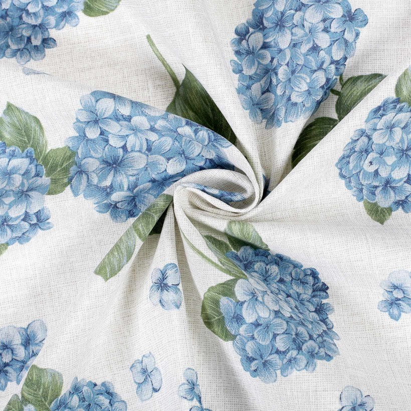 Zasłona dekoracyjna Loneta na taśmie - niebieskie kwiaty hortensji