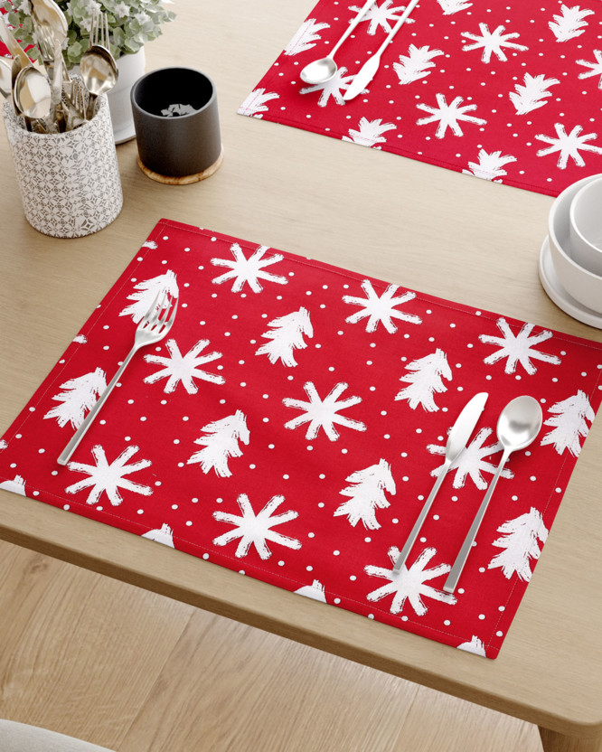 Podkładka na stół z płótna bawełnianego - śnieżynki i choinki na czerwonym - 2szt.